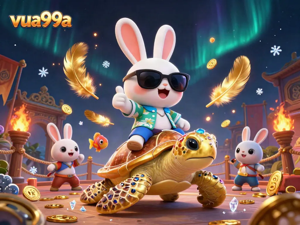 Experience the vibrant adventure of vua99a with a lucky rabbit and golden turtle in a colorful underwater scene.