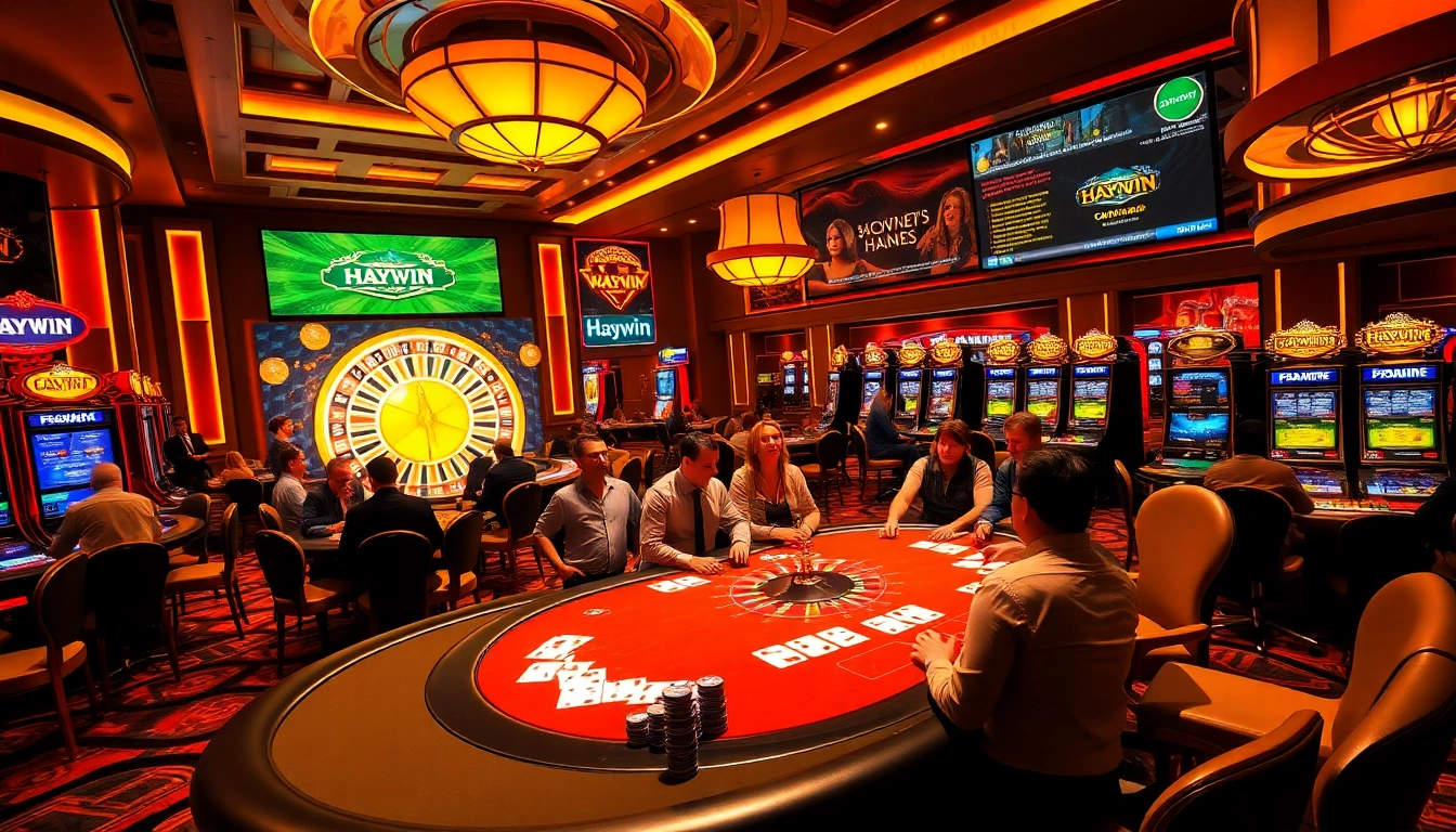 Exciting casino moment at Haywin with players engaged in poker, roulette, and vibrant slot machines.
