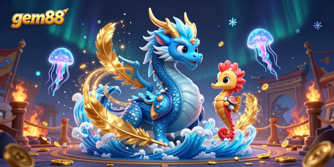 Play exciting games with gem88, featuring an azure water dragon, coral seahorse, and neon jellyfish in a vibrant casino scene.