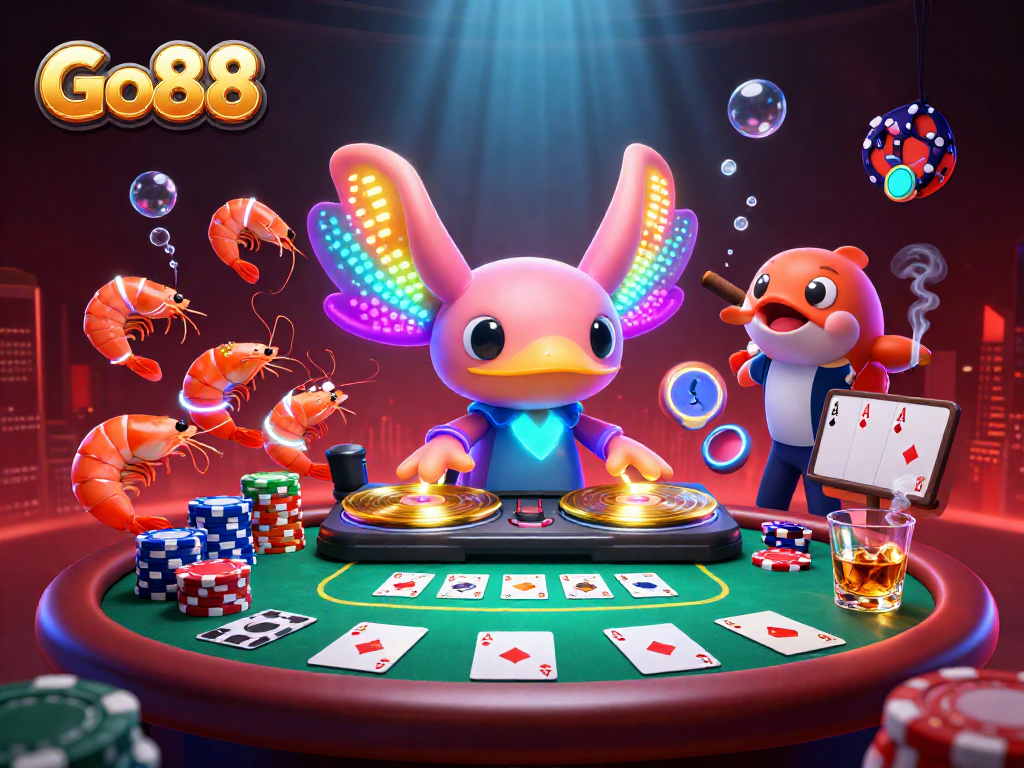 Experience Go88's vibrant casino atmosphere with an axolotl DJ and dynamic poker elements.