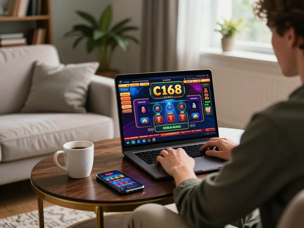 Engaged player enjoying c168 casino games online on a laptop in a cozy living room setting.