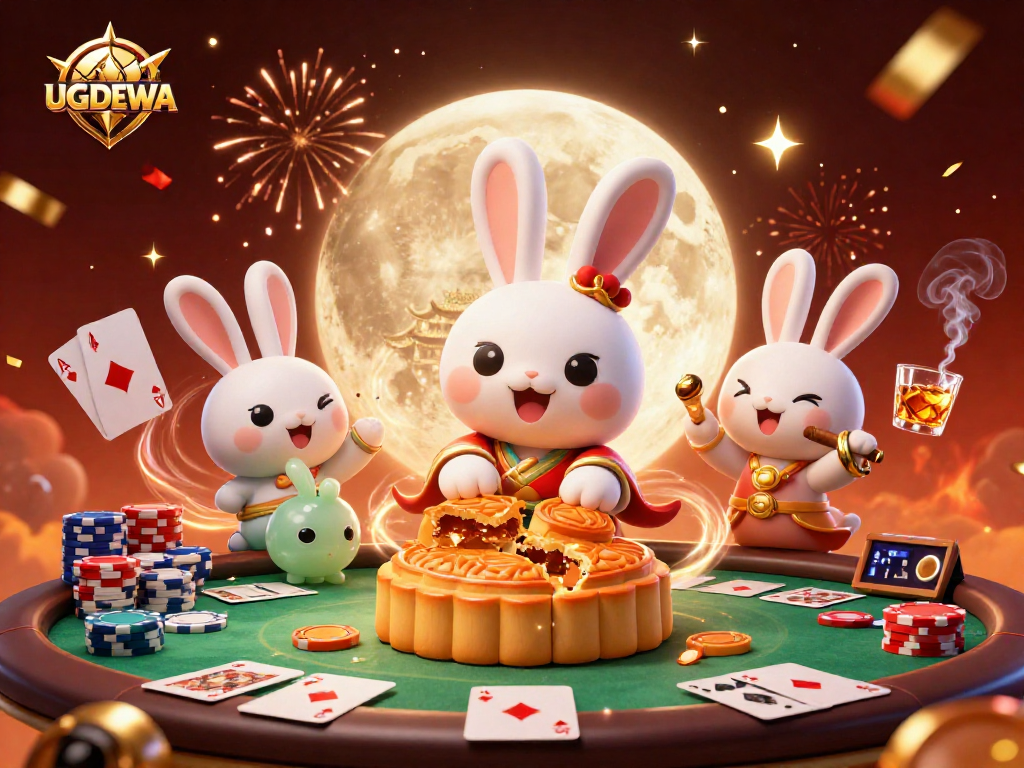 UGDEWA showcases a vibrant scene with a moon rabbit revealing poker chips, enhancing online casino excitement.