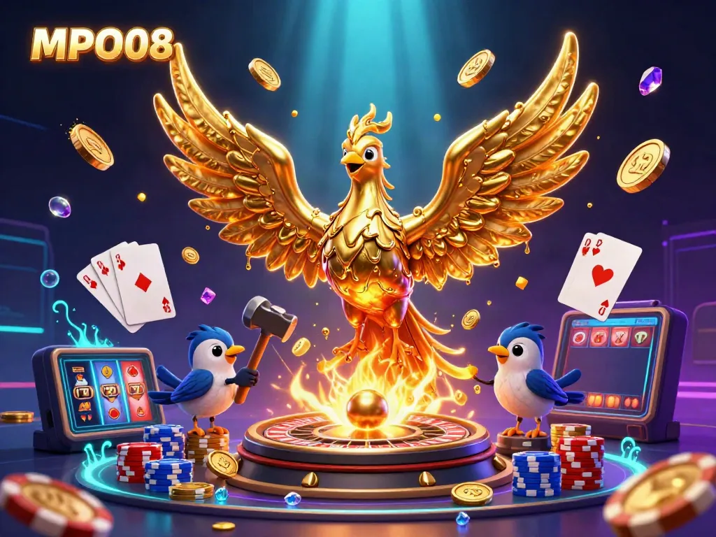 MPO08 offers exciting gameplay with a dynamic scene featuring a molten golden phoenix and colorful casino elements.