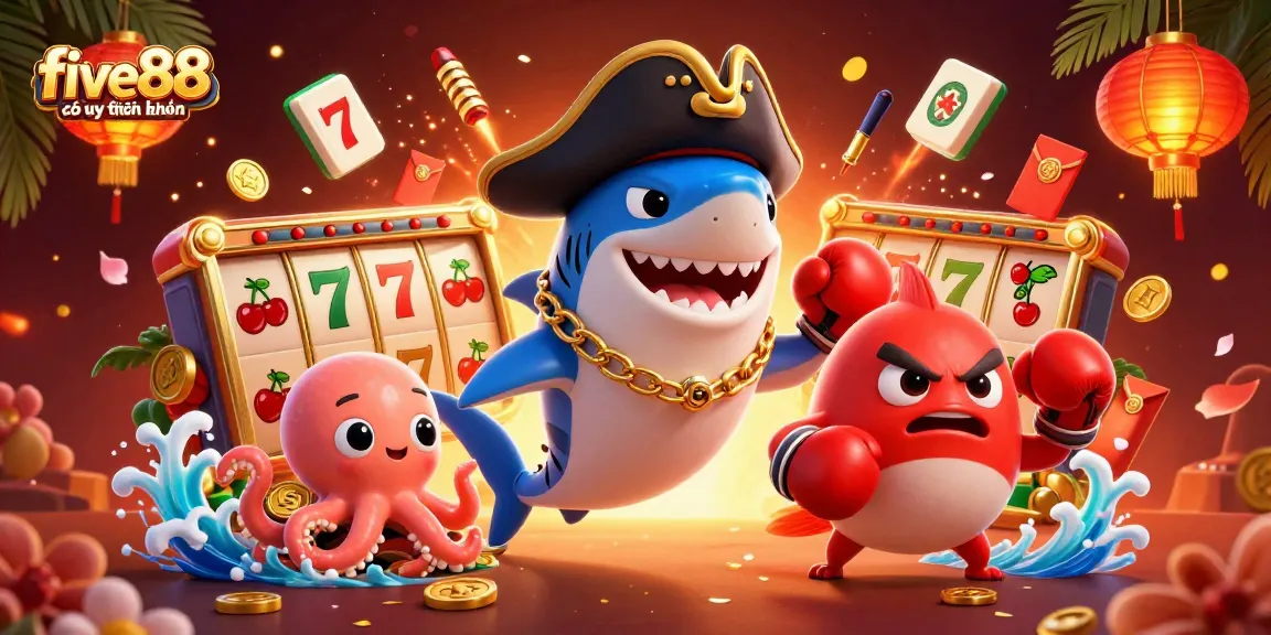 Experience excitement with five88 có uy tín không as the pirate shark, boxing pufferfish, and octopus gather coins in this vibrant casino illustration.