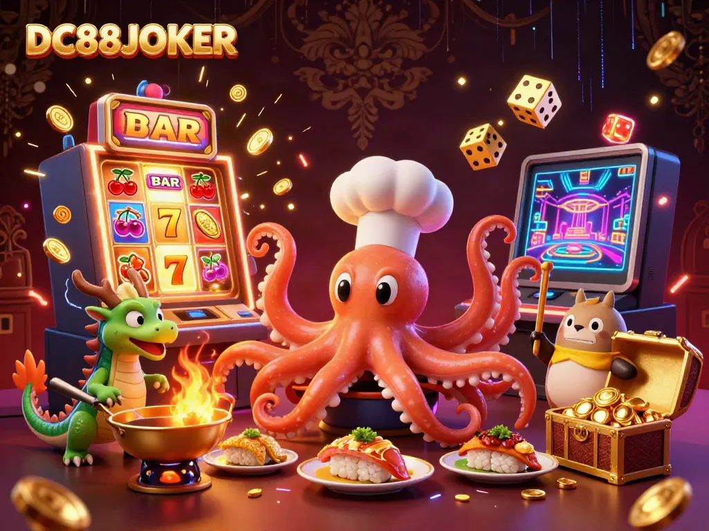 DC88JOKER slot-themed 3D illustration with vibrant characters and casino elements
