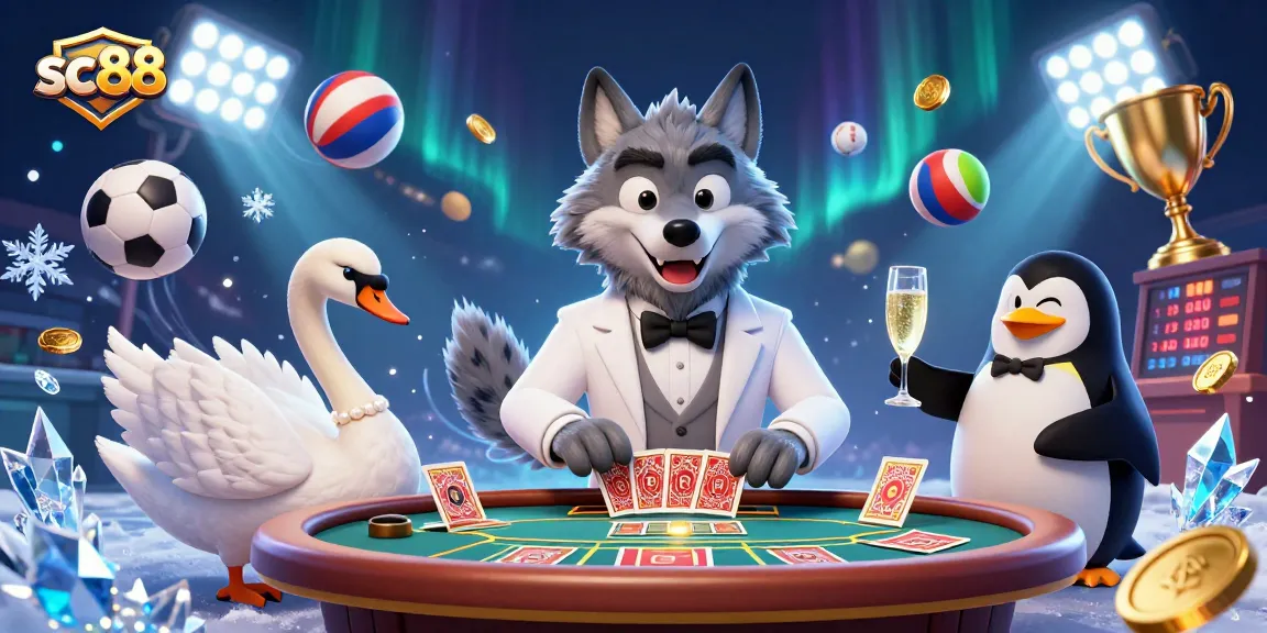 Experience excitement with SC88 as the wolf, swan, and penguin engage in a dynamic casino scene.