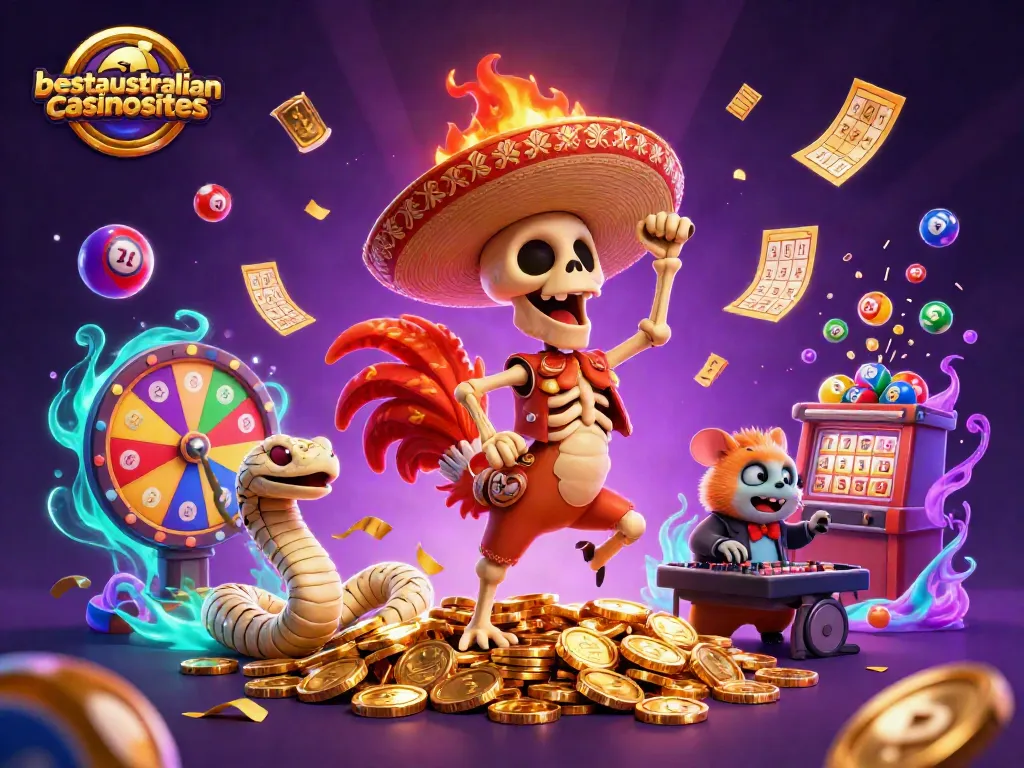 Play at the exciting mobile casinos featured by bestaustraliancasinosites with a vibrant scene of animated characters and games.