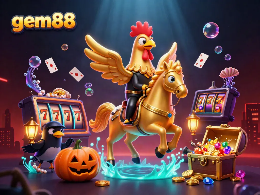 Experience the excitement of gem88 casino as a golden rooster navigates a vibrant casino scene filled with luxurious slot elements.