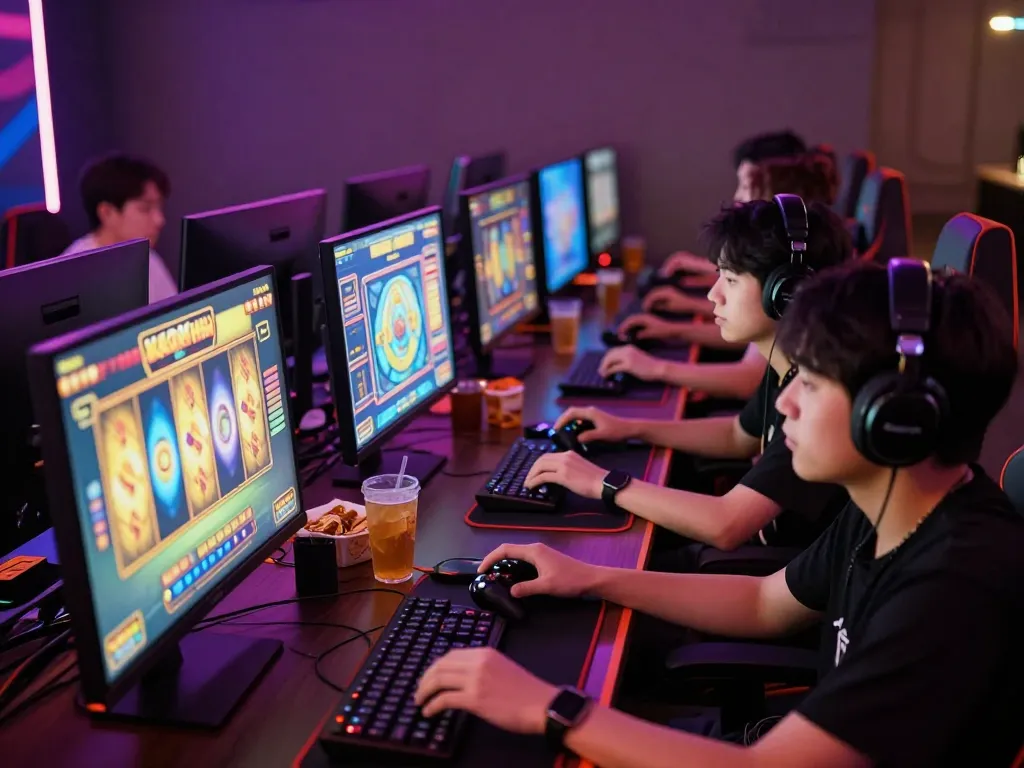 Engaged players enjoying online slot hoki games in a vibrant gaming room.