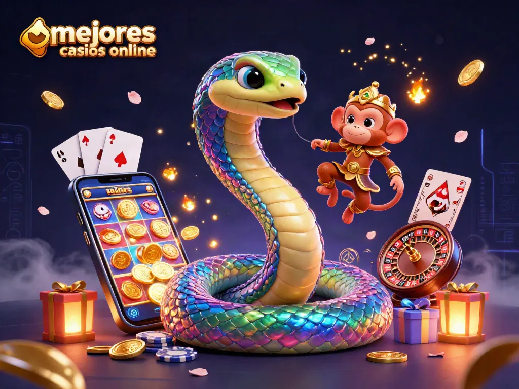 Disfruta de los mejores casinos online presentando una serpiente de colores y un rey mono en acción mágica.