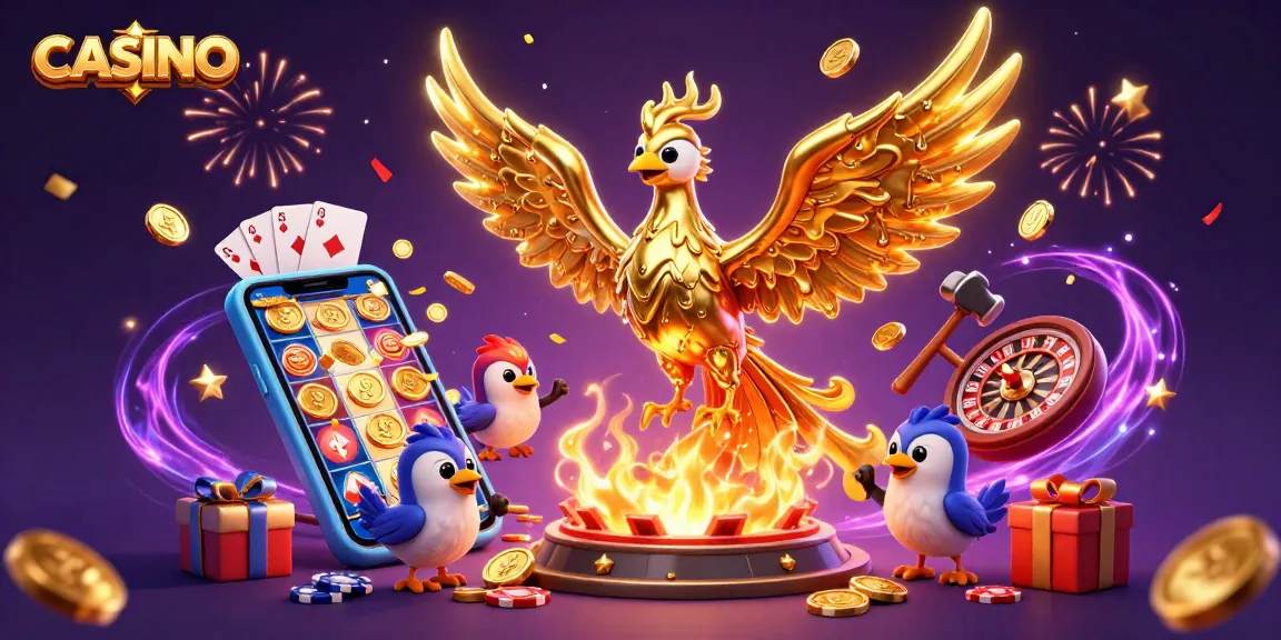 Engaging CASINO scene with a molten golden phoenix and gaming elements bursting with excitement