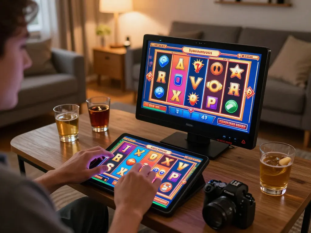 Freecuci365 player enjoying thrilling slots experience on tablet in cozy home