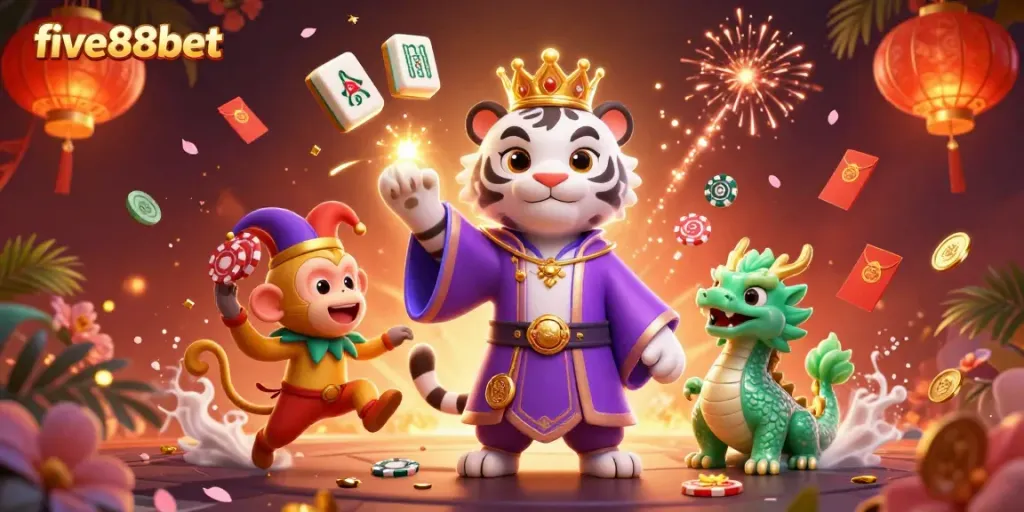 Experience the vibrant five88bet casino with a royal tiger, jester monkey, and jade dragon in this lively scene.
