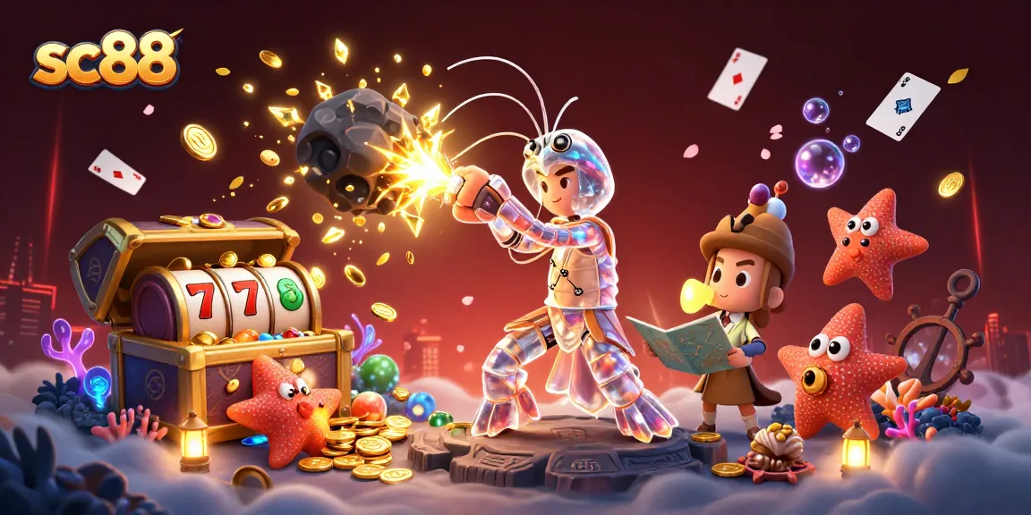 Engage with sc88 as the galactic samurai mantis shrimp explodes through an asteroid in a vibrant casino scene.