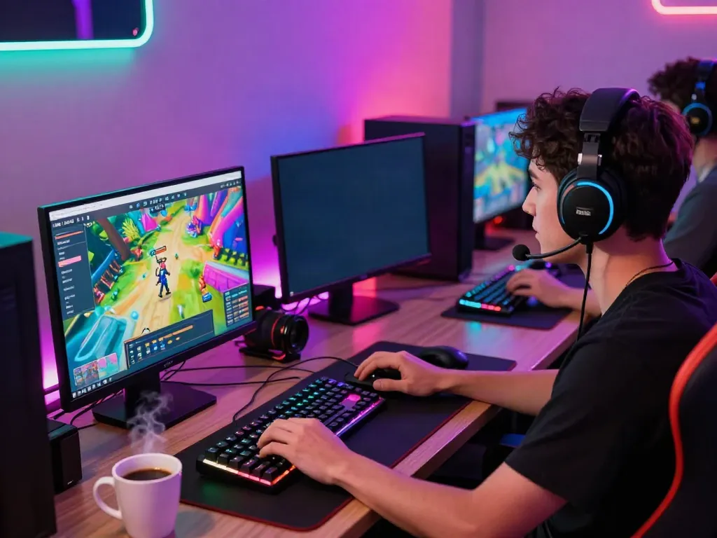 Gamer engaged in Bro138 login on a vibrant gaming setup with dynamic lighting and peripherals.