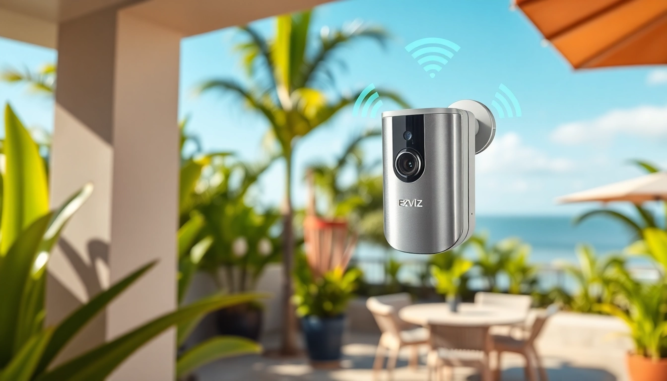 Cámara de seguridad EZVIZ en un entorno exterior luminoso, que muestra características de alta tecnología y fiabilidad.