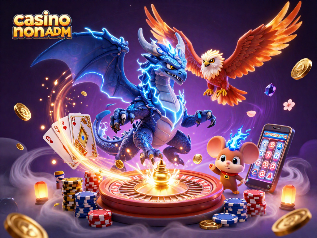 Vincitori in un'illustrazione 3D di casino non ADM: drago, aquila e topolino elettrico.