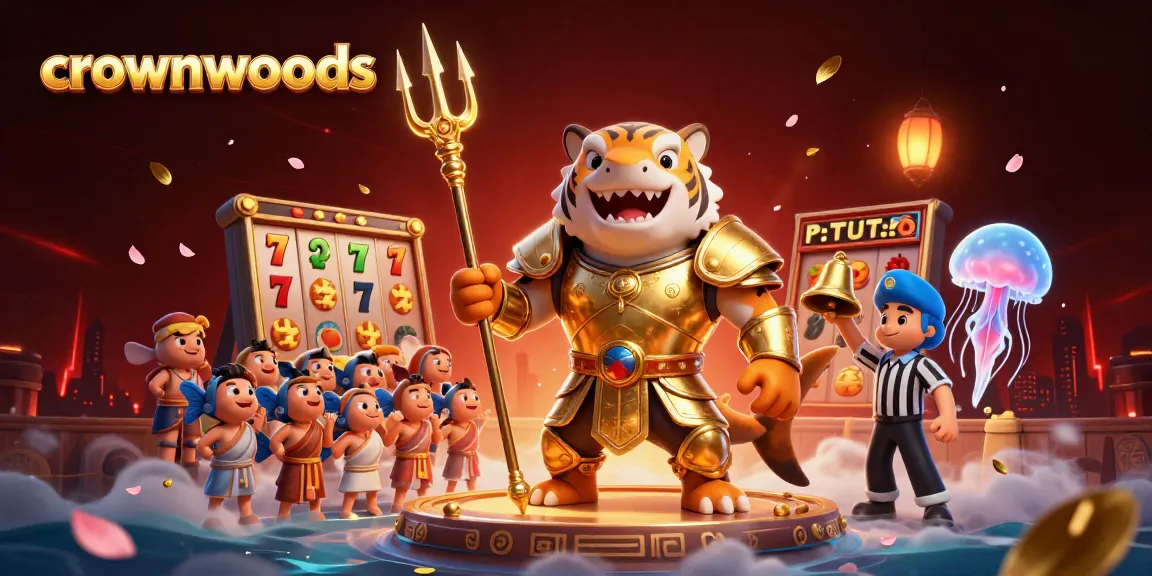 Crownwoods presents a thrilling underwater casino battle scene with a tiger shark, slot reels, and festive decorations.