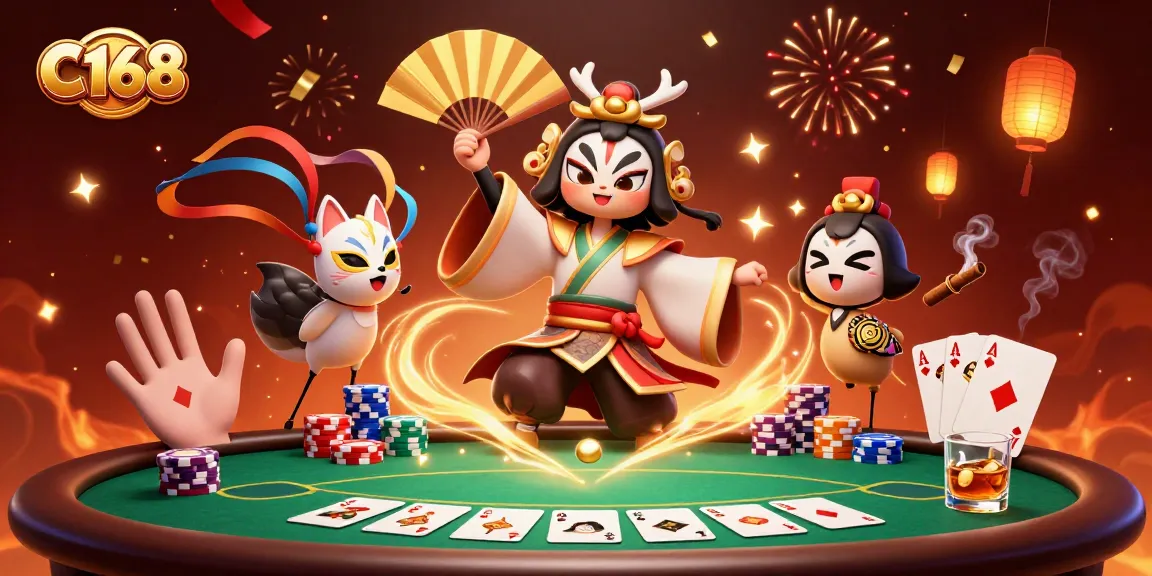 Engaging 3D illustration featuring C168 with kabuki warrior and poker elements in a vibrant casino setting.