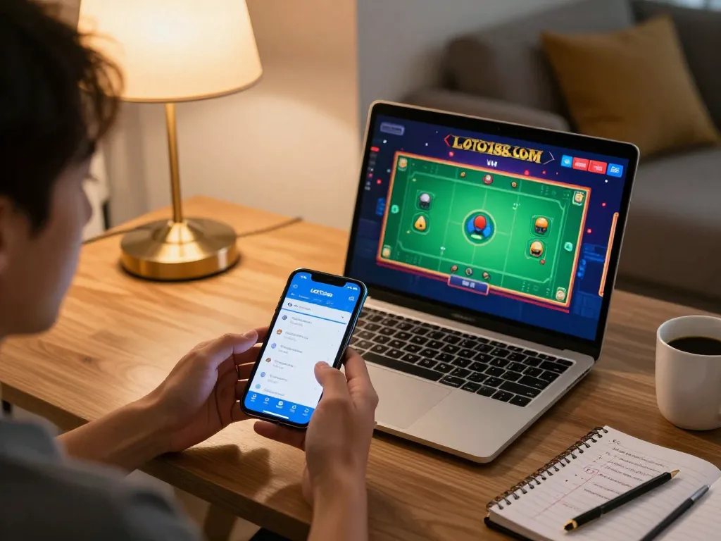 Engaging moment of using the LOTO188 COM app for strategic mobile betting in a cozy living room.
