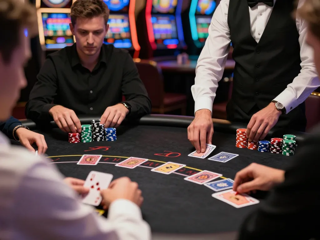 Players engaging in blackjack strategy at GO99 casino with vibrant chips and cards