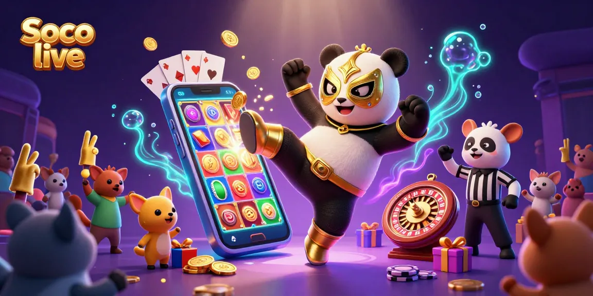 Soco live showcases a lively casino scene with a wrestler panda, chihuahua referee, and a crowd celebrating.
