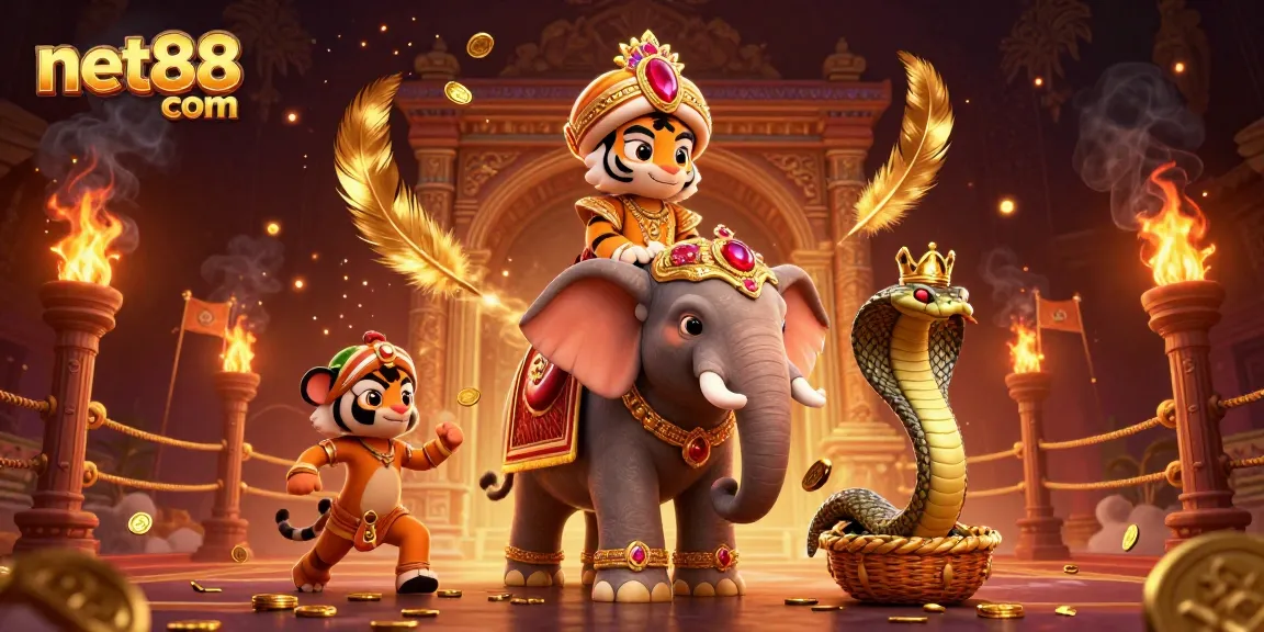 Experience the vibrant world of net88 com with a dynamic 3D illustration featuring a maharaja tiger and more.