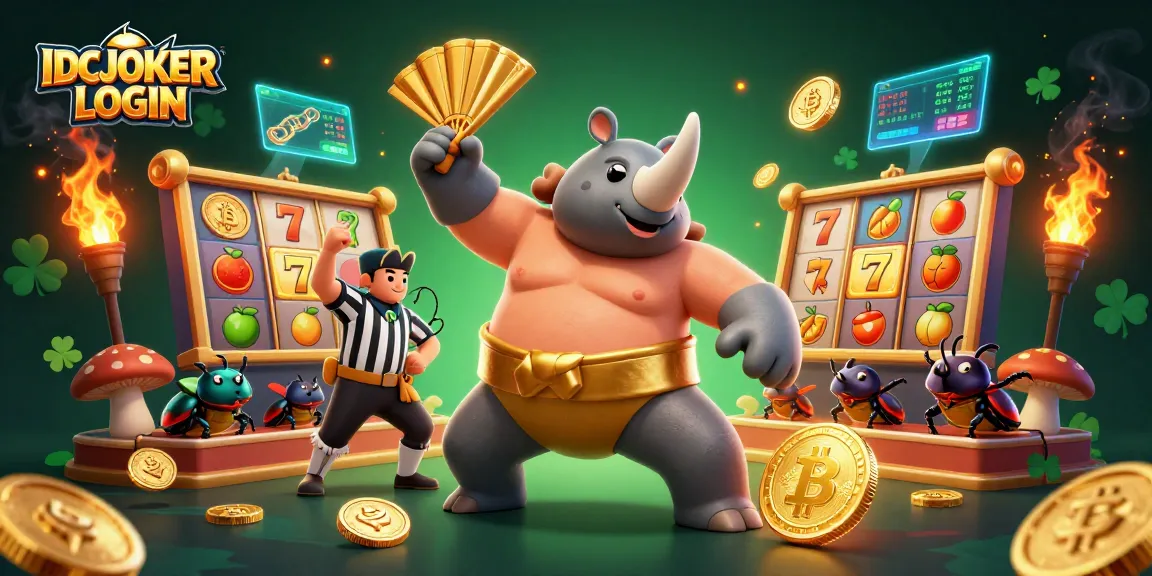 Experience the thrilling action of IDCJOKER LOGIN with vibrant slot games and golden coins flying in a dynamic casino scene.