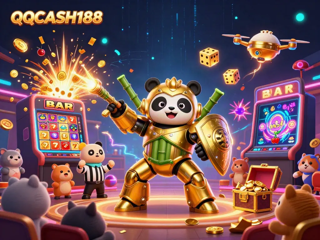 Engage in exciting gameplay at QQCASH188 with a vibrant casino arena, golden panda, and jackpot visuals.