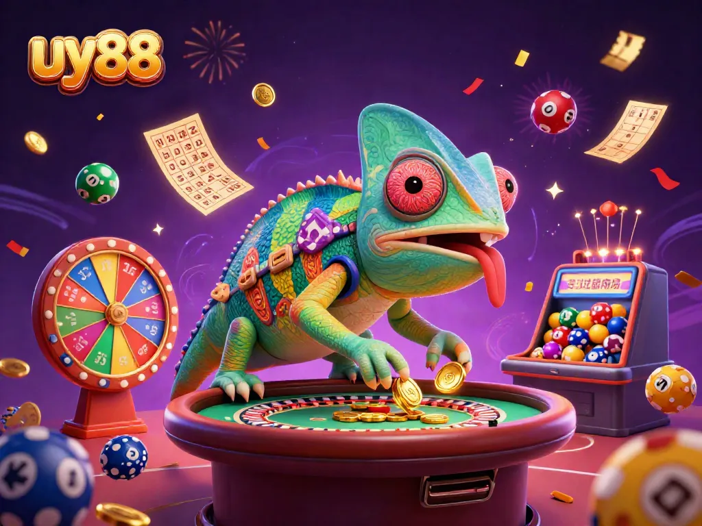 Experience the vibrant thrill of uy88 casino with a chameleon owner, colorful lottery balls, and spectacular rewards.