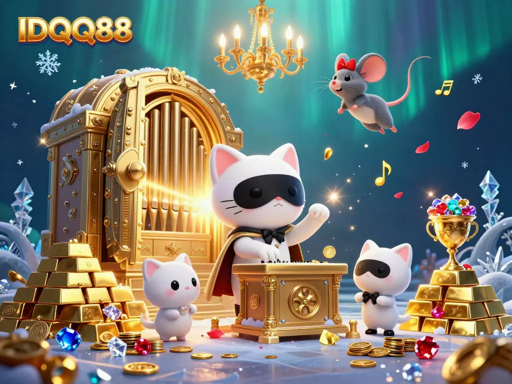 Engage with IDQQ88's vibrant casino world showcasing a phantom cat and a mouse acrobat.