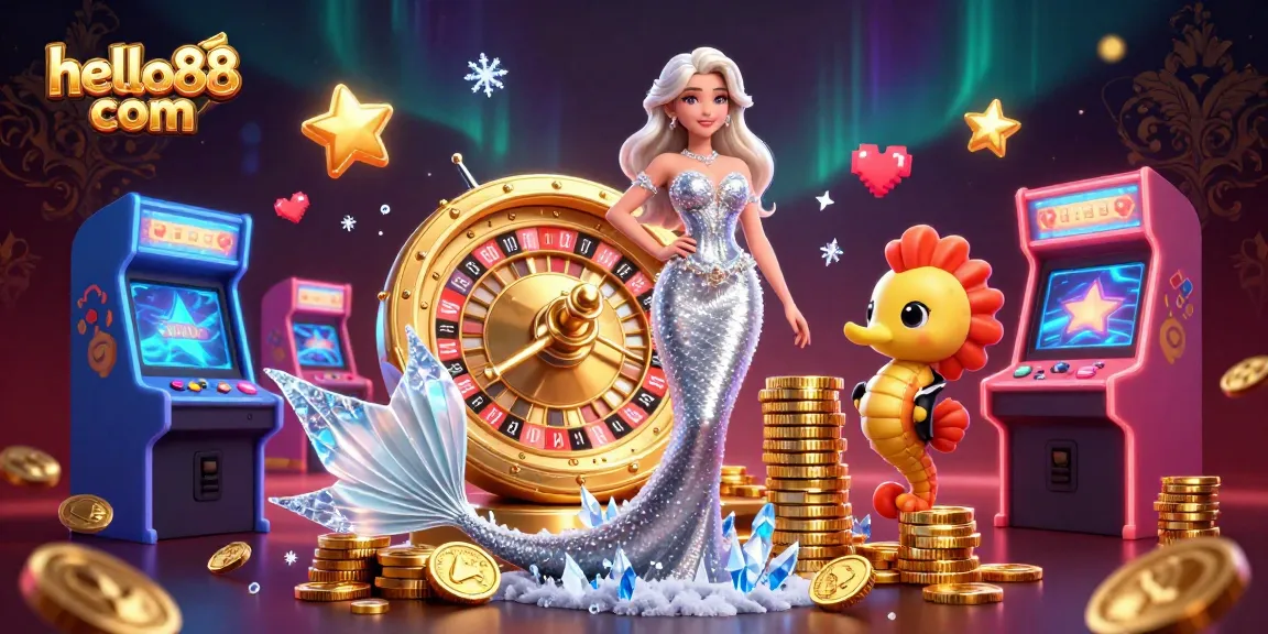 Engage with hello88 com at this vibrant casino scene featuring a glamorous woman and a playful seahorse.