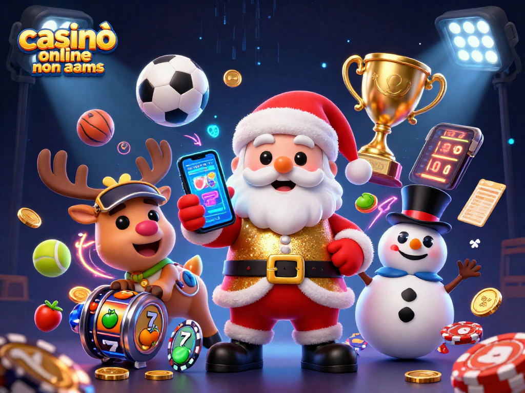 Gioca nel casinò online non aams con slot Jackpot e personaggi festivi in un'illustrazione 3D vivace.