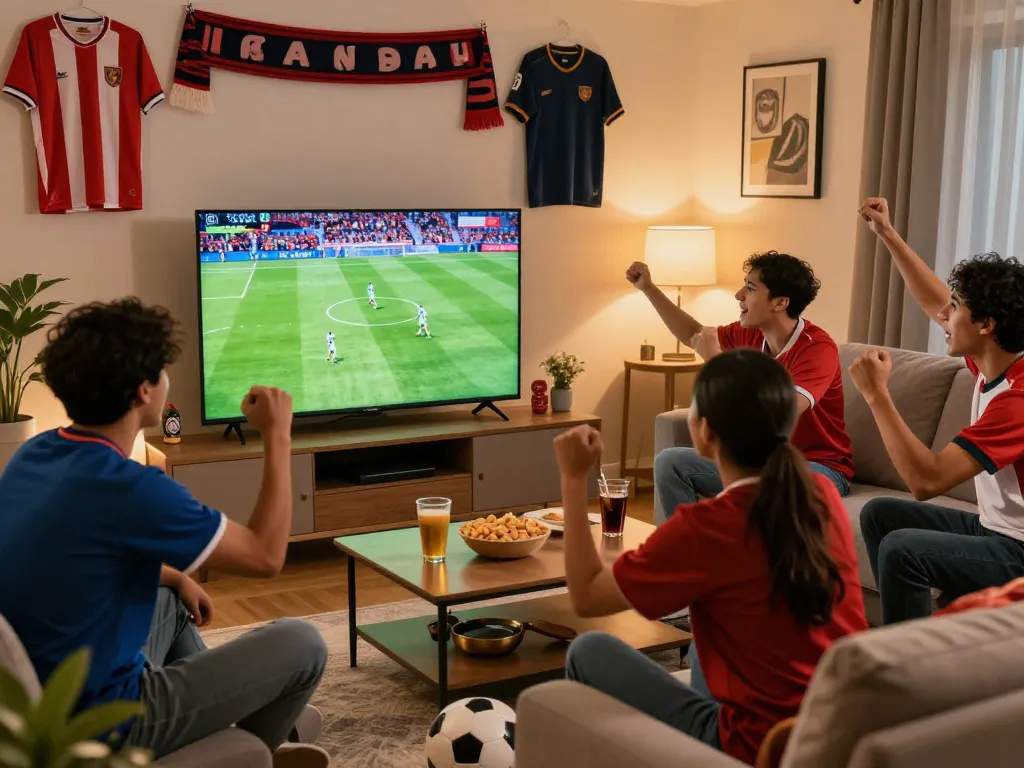 Fans enjoying a live match on luongson117.tv in a vibrant living room atmosphere.