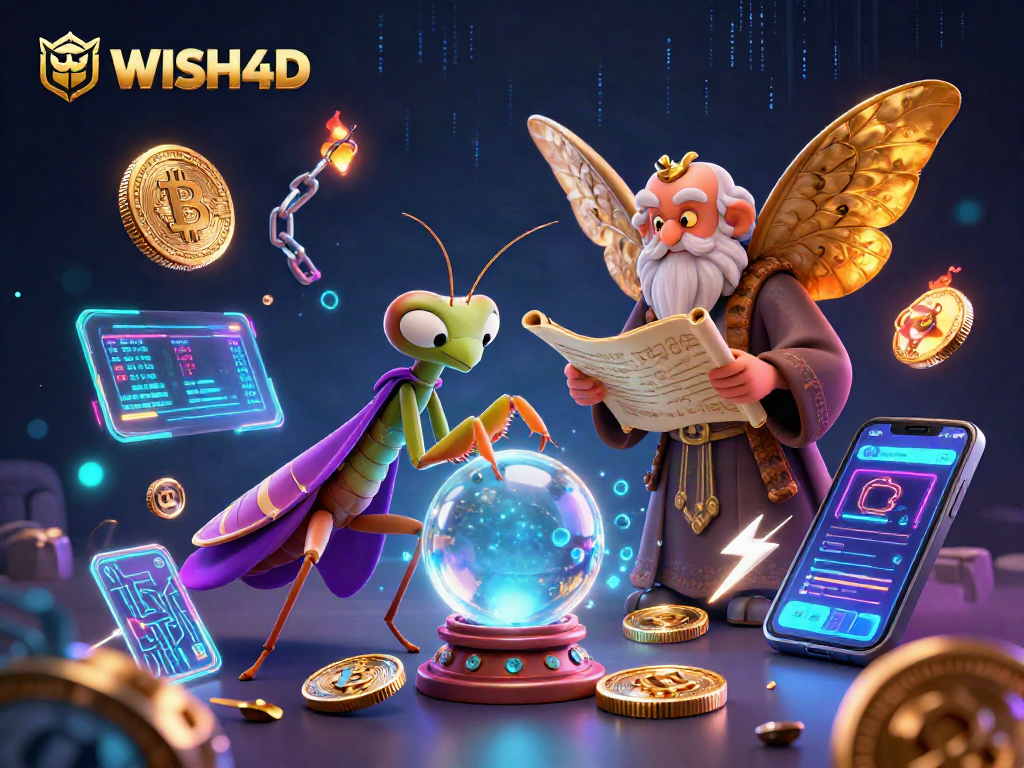 Experience the charm of WISH4D with a mystical fortune teller and crypto elements in a vibrant casino scene.