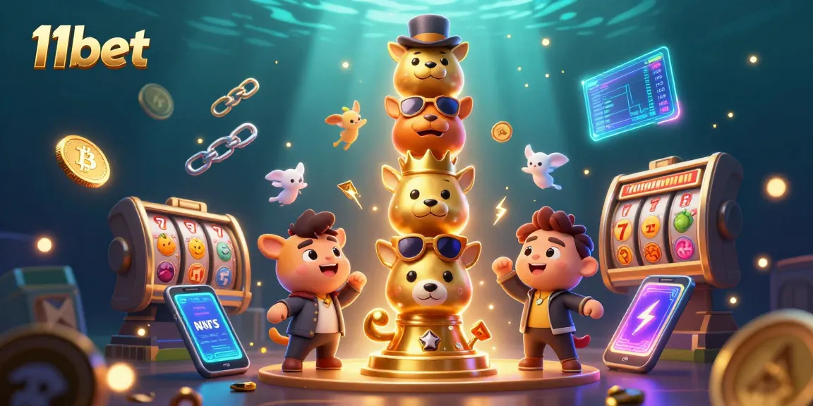 Engage with 11bet's thrilling casino scene showcasing vibrant slot symbols and colorful crypto elements.