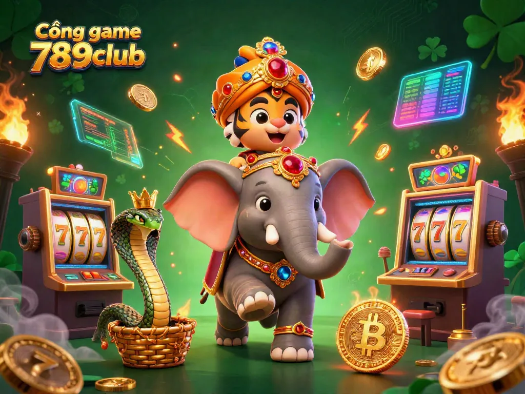 Experience the excitement of the Cổng game 789club with vibrant slot machines, a regal tiger, and an enchanting elephant.