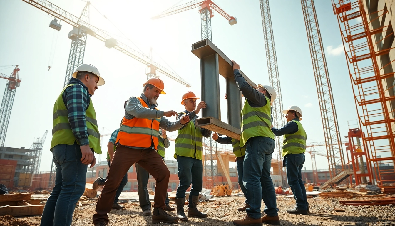 Construction career workers efficiently installing steel beam at a vibrant site.