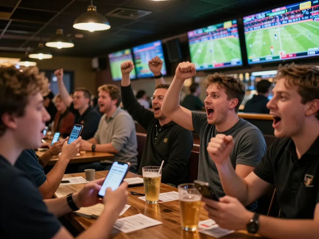 Kong88 Asia sports betting excitement with fans engaged in live game action at a lively bar.