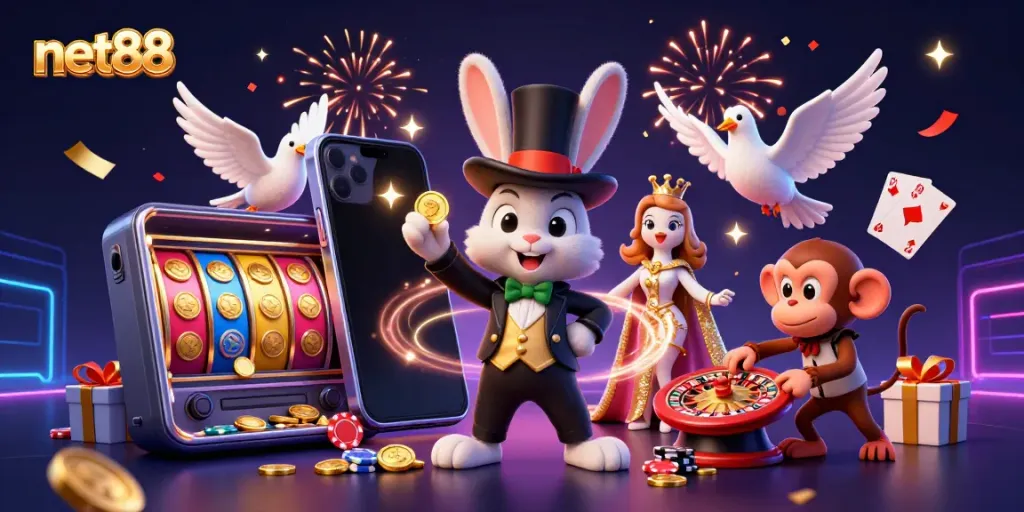 Experience thrilling moments with net88 in this vibrant 3D casino scene of games and excitement.