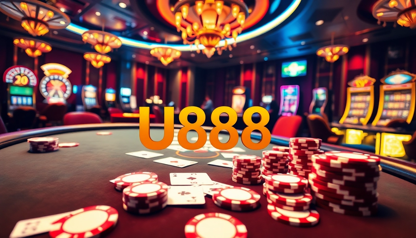 Experience high-stakes poker gameplay at U888 casino with luxurious tables and vibrant atmosphere.
