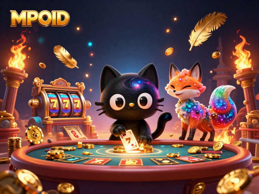 MPOID captivates players at a cosmic casino with a black hole cat pulling golden chips and cards.