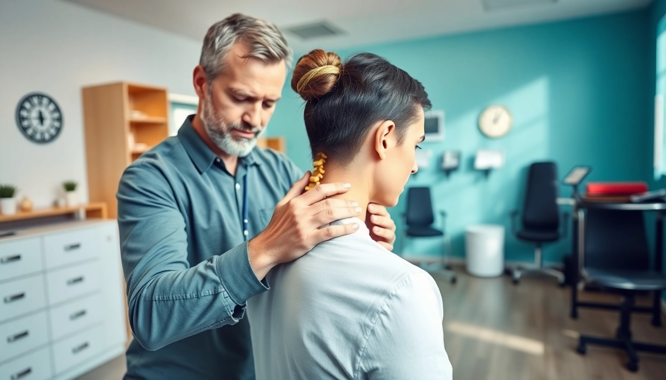 Physiotherapist demonstrating relief techniques for back pain with a model in a bright clinic.