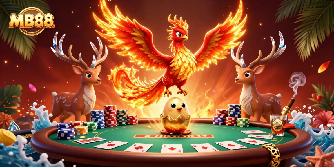 Engage with MB88 at an exciting poker scene featuring a dynamic fire phoenix and vibrant casino elements.