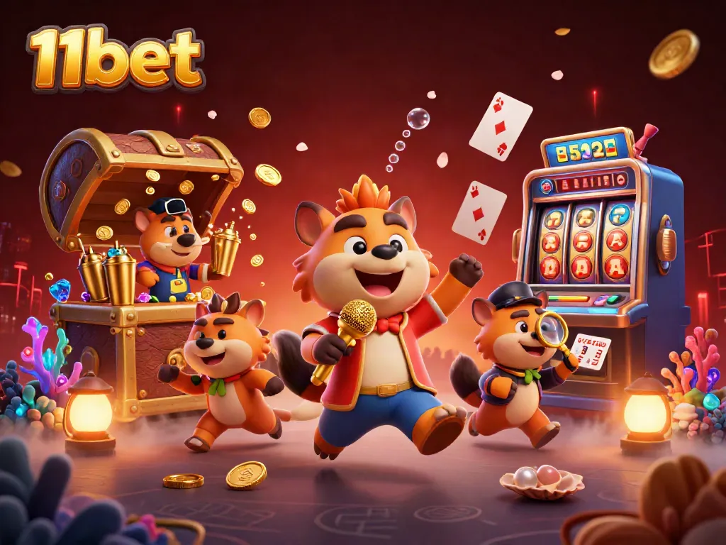 Experience the lively atmosphere of 11bet's comedy casino club with vibrant characters and festive elements.