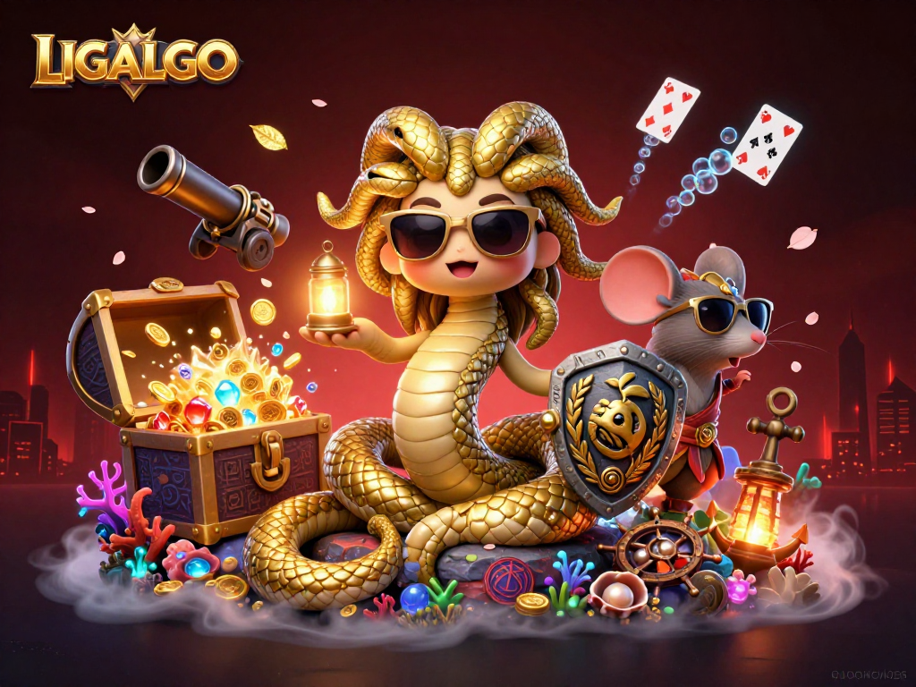 LIGALGO showcases an engaging casino-themed 3D illustration featuring Medusa, a charming warrior mouse, and dynamic game elements.