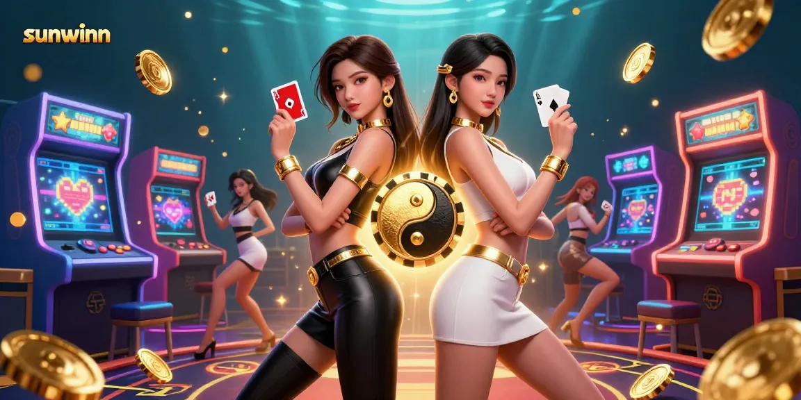 Engage with sunwinn's thrilling casino scenes featuring twin Asian women in stunning outfits.