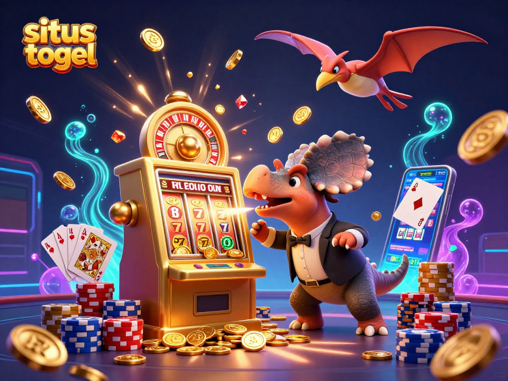 Dynamic scene of situs togel with cartoon dinosaurs, golden coins, and excitement in a casino.