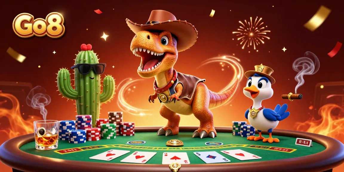 Engage in thrilling poker action at Go8 with a T-Rex cowboy and his dynamic casino companions.