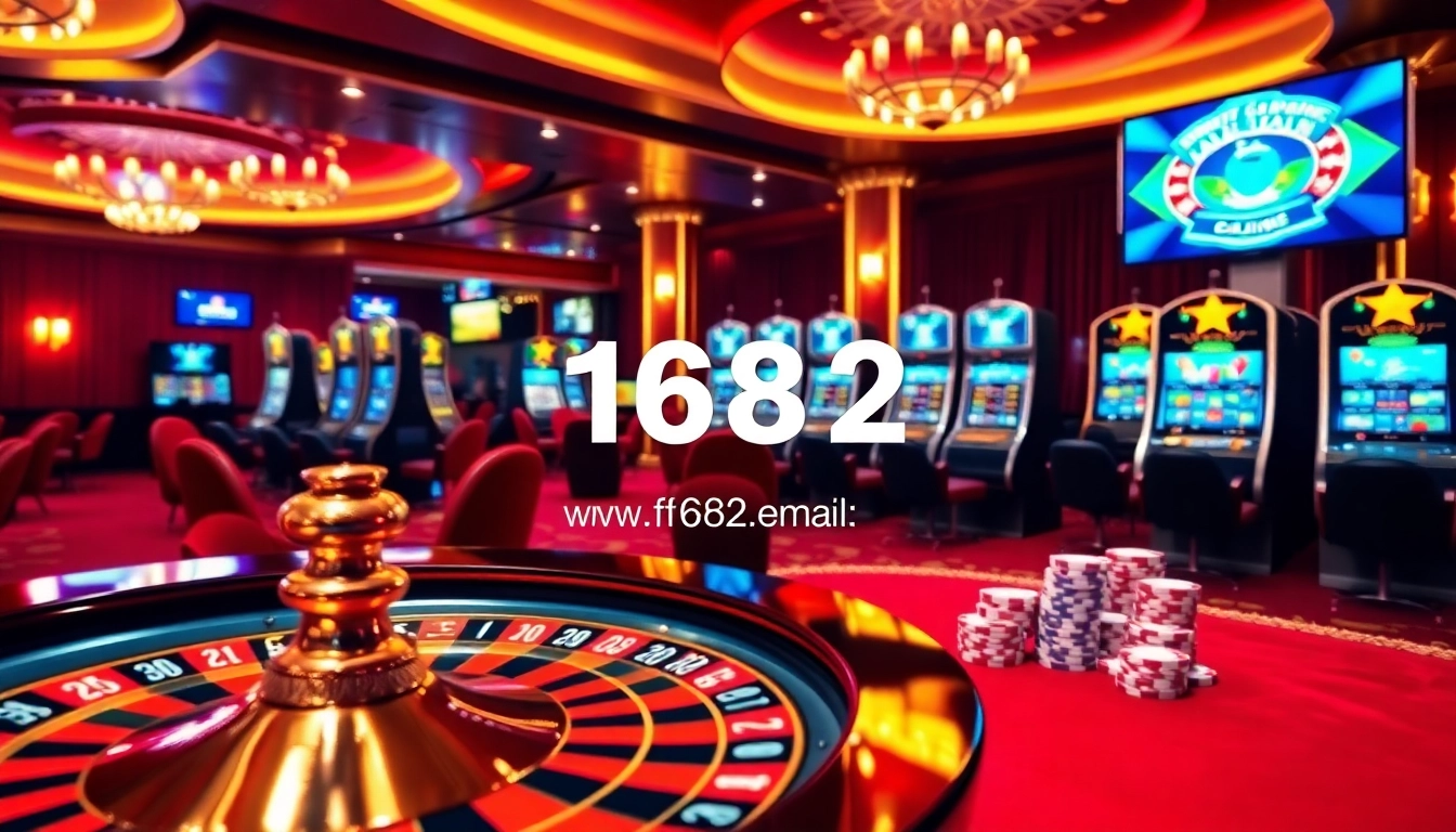 Engaging online gambling scene with roulette, chips, and slots reflecting https://f1682.email/ for excitement.